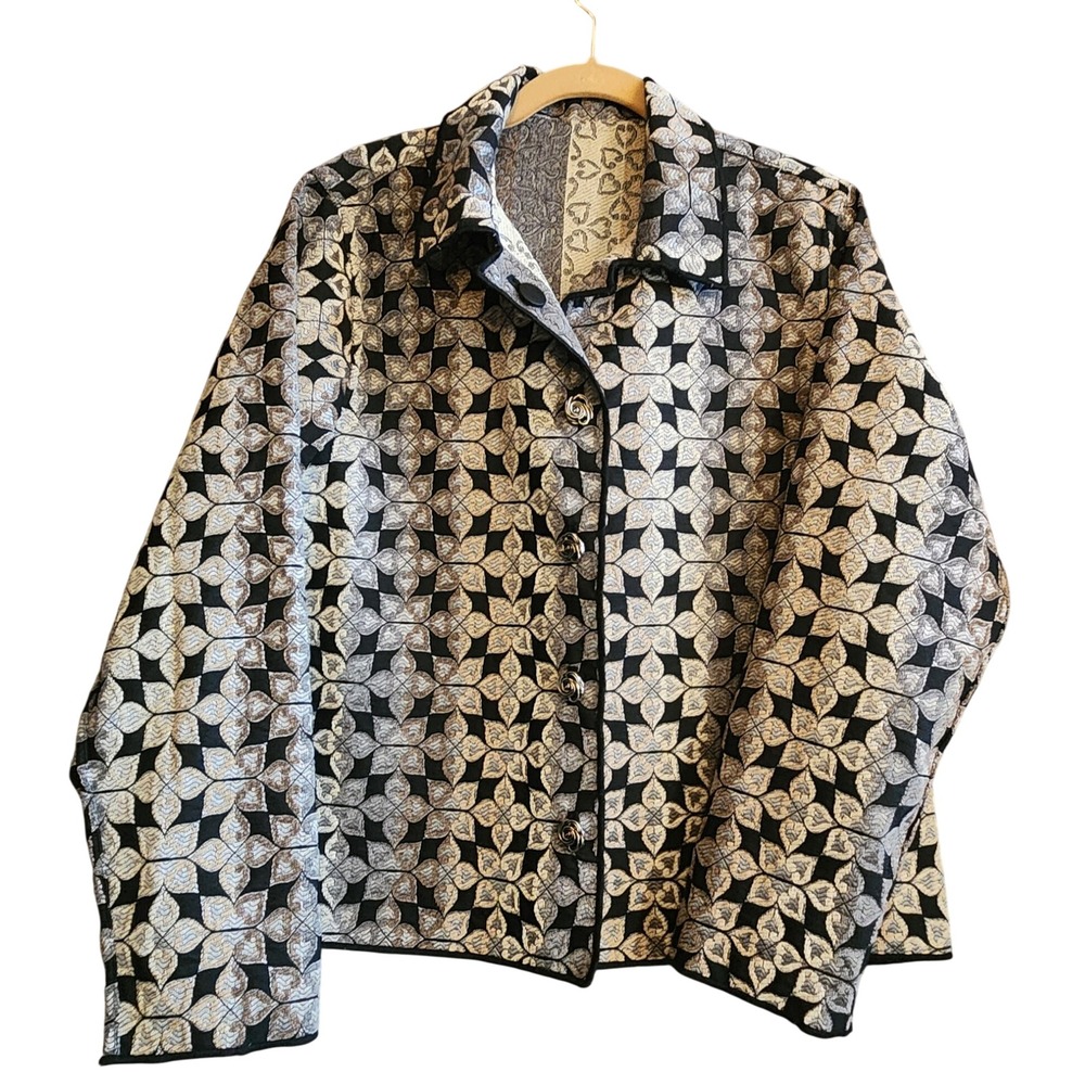 Winding River Reversible Tapestry Jacket Women XL Black Silver Floral Heart Art